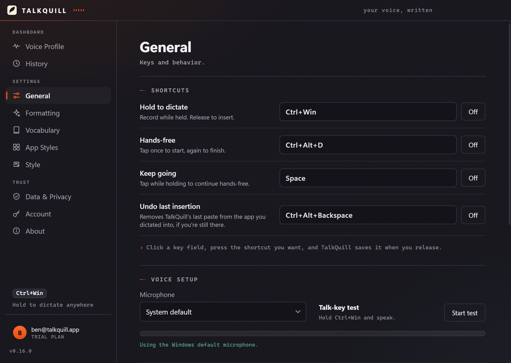 TalkQuill's General settings with push-to-talk keys and behavior toggles like launch at login and soft sounds