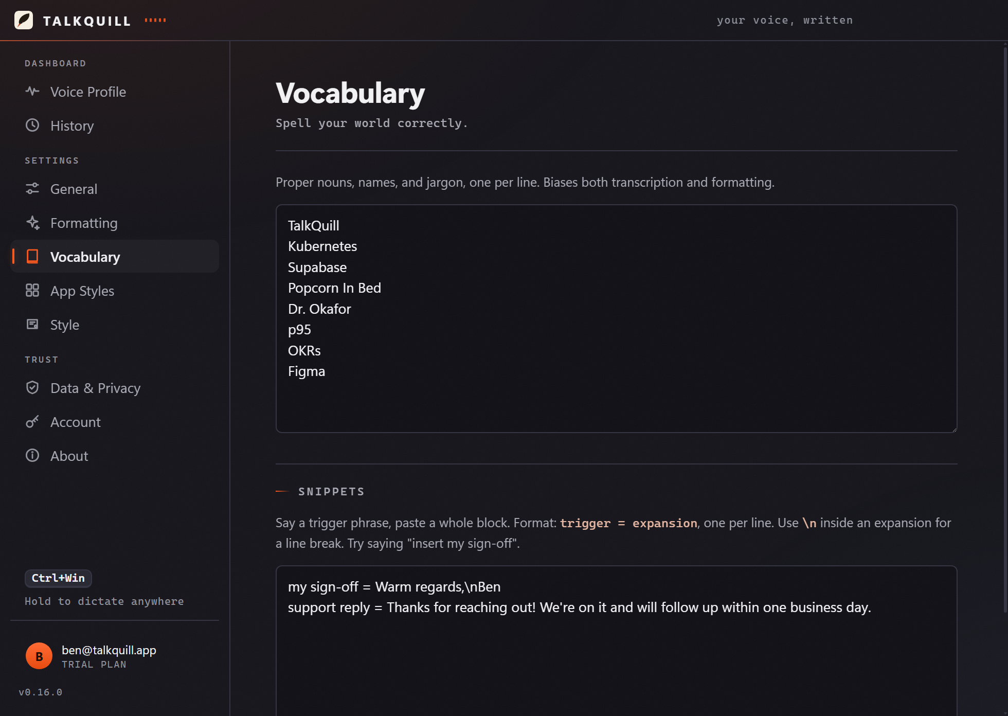 TalkQuill's Vocabulary screen with custom words and spoken snippets that expand into saved text blocks